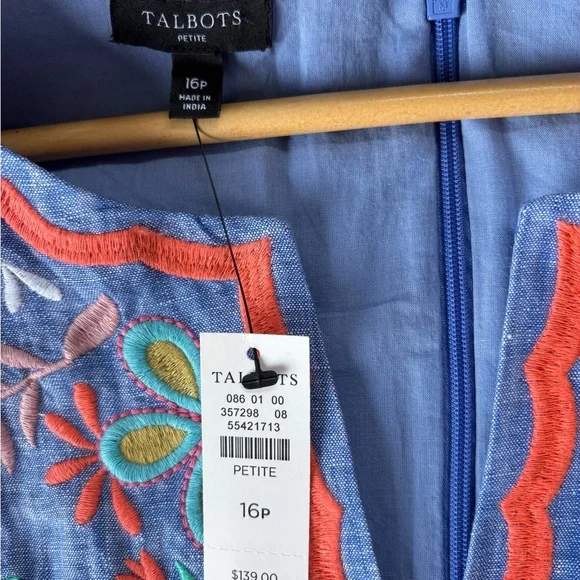 Talbots Linen Blend Embroidered Floral Blue Chambray Sleeveless Shift Dress 16P - Picture 8 of 9
